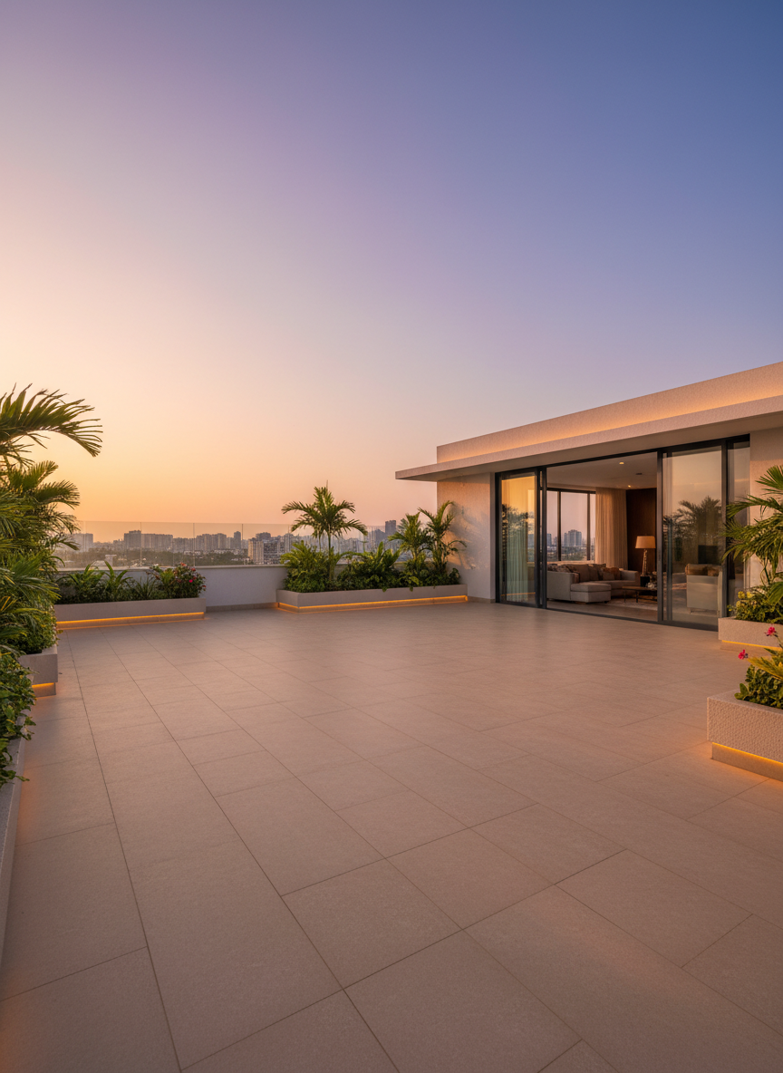 A premium rooftop terrace of a Bengaluru residential project at golden hour, showcasing a seamless transition between indoor and outdoor spaces. The terrace features large-format anti-skid tiles in warm beige, glass-and-metal safety railings, and raised planters with lush, well-maintained greenery along the edges. Ambient LED strip lights run along the parapet, just beginning to glow as the sun sets, with the Bengaluru skyline softly blurred in the distance. Captured from a low, wide-angle corner perspective to highlight openness, wind-flow, and vastu-friendly orientation towards the east. The mood is serene, aspirational, and lifestyle-focused, with photographic realism and a clean, contemporary aesthetic that conveys the value of investment-ready, thoughtfully designed homes.