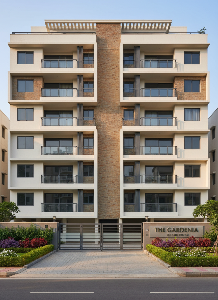 A contemporary mid-rise residential apartment complex in Bengaluru, featuring clean lines, warm off-white façade, and textured stone cladding accents, with generous balconies framed by dark aluminum railings. The building is surrounded by neatly landscaped pathways, trimmed hedges, and flowering shrubs, with a secure gate and name signage in brushed metal at the entrance. Soft late-afternoon natural light creates gentle highlights on the façade and long shadows across the paved driveway. Photographed from a slightly elevated eye-level angle with sharp focus throughout, capturing the full front elevation and a portion of the street. The mood is professional, trustworthy, and aspirational, with photographic realism and a clean, modern aesthetic that suits a premium real estate developer’s homepage banner image.